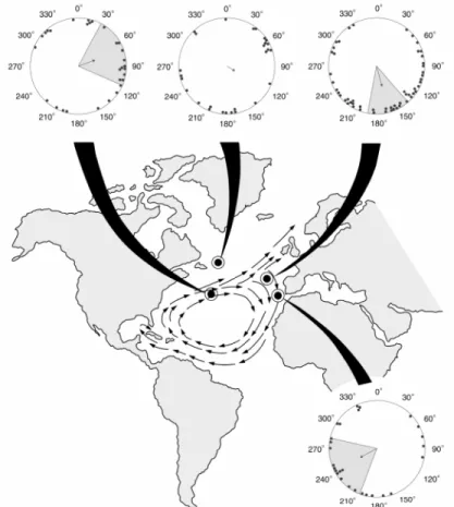Figure 2.2. Diagram of hatchling orientation responses to magnetic fields that exist at different locations  throughout the North Atlantic Ocean (indicated by the black target symbols)