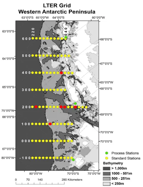 Figure  1.1.  Map  of  the  PalmerLTER  sampling  grid  along  the  WAP.  Locations  of  isolated  diatoms are in red