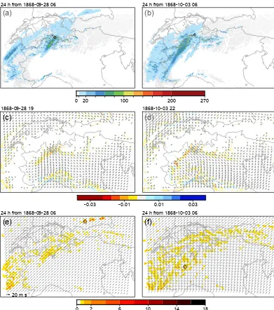 Figure 9. Weather variables for 28 September 1868 (a, c, e) and 3 October 1868 (b, d, f) as simulated in the innermost WRF model domain.(a, b) Cumulated precipitation (mm 24 h−1; shade) starting at 06:00 UTC