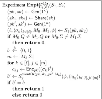 Figure 3.2: Experiments for proving DFA privacy of Π 1 ( E) against server adversaries