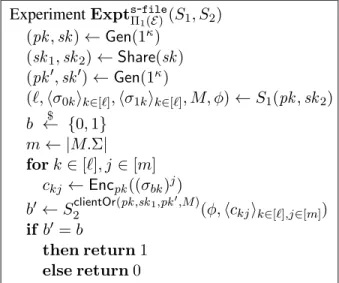 Figure 3.4: Experiments for proving file privacy of Π 1 ( E) against server adversaries