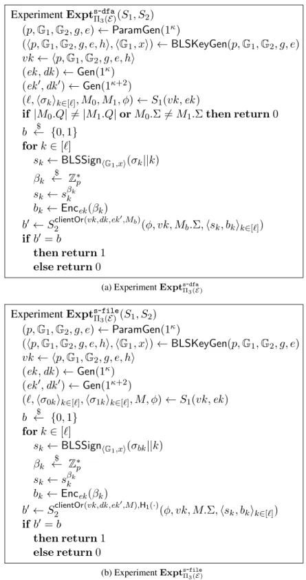 Figure 4.2: Experiments for proving DFA and file privacy of Π 3 ( E) against server adversaries