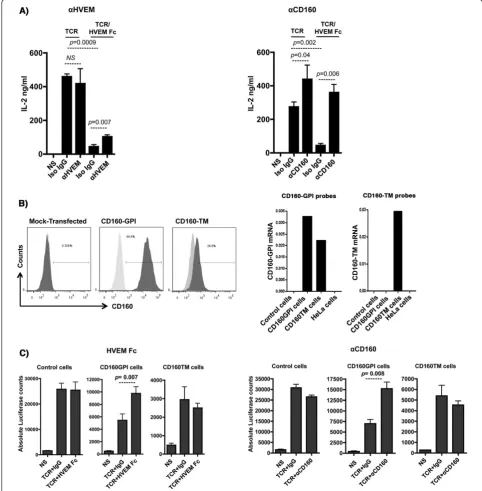 Figure 3 Triggering of CD160-GPI is consistent with a positive co-stimulation role. A) Triggering of primary CD4+ T-cells with either plate-boundanti-CD3 (1 μg/ml) and anti-CD28 (0.5 μg/ml) or anti-CD3, anti-CD28 and HVEM-Fc (0.2 μg/ml) in the presence or 