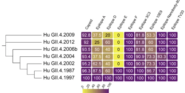 Figure  1.  GII.4  VP1  diversity  over  time.  Sequence  identity  of  VP1  (capsid),  and  known  blockade 