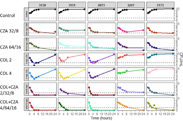 Figure 2. Time course of bacterial density in response to static concentrations of colistin, ceftazidime/ 