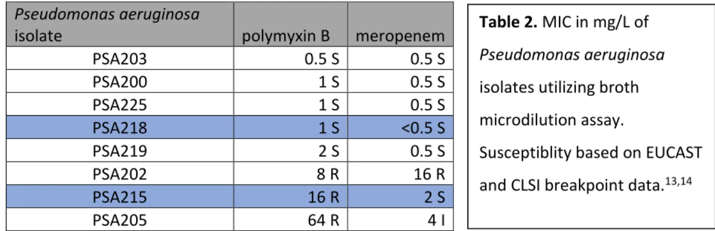 Table 2. MIC in mg/L of  Pseudomonas aeruginosa  isolates utilizing broth  microdilution assay