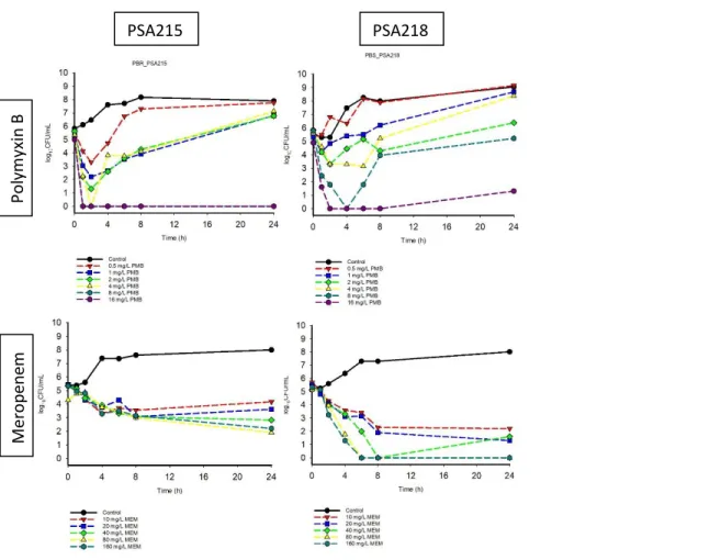 Figure  1.  Time-kill  curves  of  polymyxin  B  (PMB)  monotherapy  at  0.5,  1,  2,  4,  8,  16  mg/L  and  meropenem (MEM) monotherapy at 10, 20, 40, 80, 160 mg/L against an inoculum of ~10 6  CFU/mL  of the P