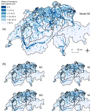 Figure 4. Spatial distribution of ﬂood-exposed-building values based on benchmark model M5 (uppermost ﬁgure) in addition to models M1to M4 (lower ﬁgures)