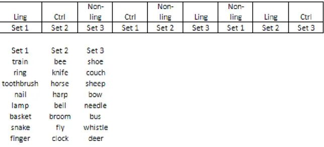 Figure 4- An example of the list design in Experiment 1.  The three sets of words were  randomized within each condition-set pairing