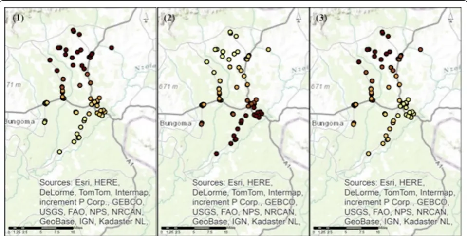 Fig. 3 Local coefficient estimates for the statistically significant determinants to the outcome recommending correct antimalarial treatment to adults, across the Webuye Demographic Health Surveillance Site study area