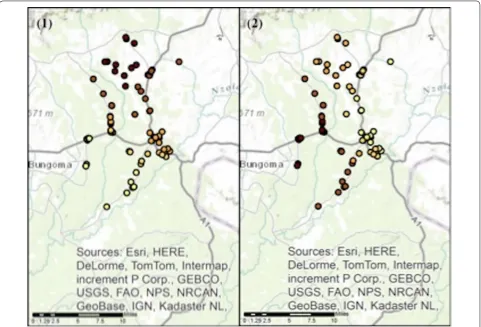 Fig. 4 Local coefficient estimates for the statistically significant determinants to the outcome recommending correct antimalarial treatment to children under 5, across the Webuye Demographic Health Surveillance Site study area
