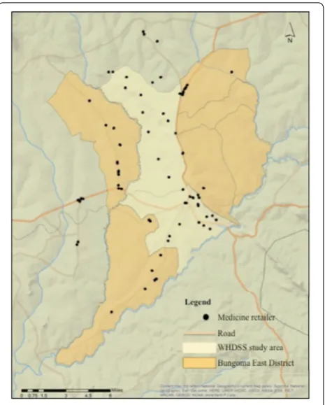 Fig. 2 Map of the WHDSS study area showing shop locations, adapted from Rusk et al. [18]