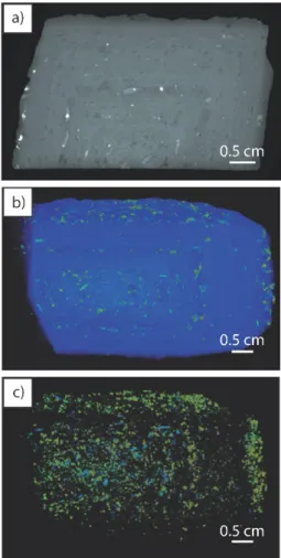 Figure 7. a) Micro CT slice of sample LP- LP-4, looking down b-c orthoclase plane. b)  Three-dimensional reconstruction of LP-4  scan