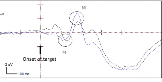 FIGURE 6A. ERPs of exogenously cued and uncued targets at the endogenously valid  location at the contralateral electrode (amplitudes combined across P07 and P08 electrodes)