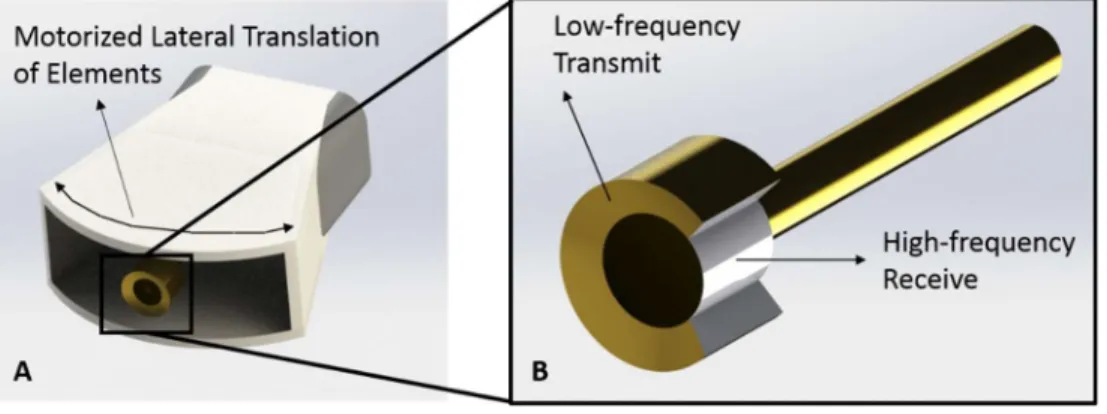 Figure 3. 2. The RMV prototype dual-frequency probe used for AA imaging. The low-frequency  annulus is used for transmission, and the high-frequency inner element is used for receiving