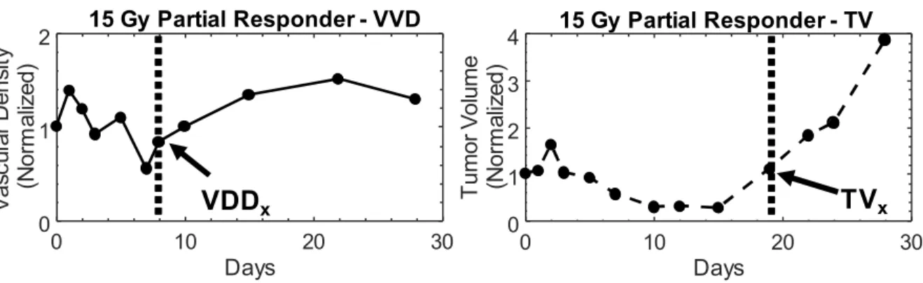 Figure 4. 5. Example of vascular density (left) and tumor volume (right) growth curves from a 15  Gy partial responder
