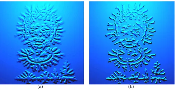 Figure 3.12: (a) The original bump mapped surface, (b) The sharpened ice surface after subdivision