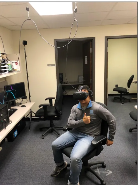 Figure 1. An image of the VR apparatus in use (worn here by a research assistant). The user is  seated in a swivel chair in close proximity to a reference point marked on the floor (used to 
