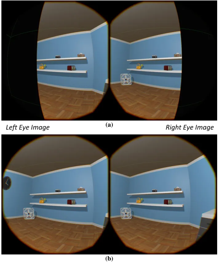 Figure 2. A sample portion of Room A as it would appear to subjects in both the Low-FoV (a)  and High-FoV (b) conditions of Experiment One