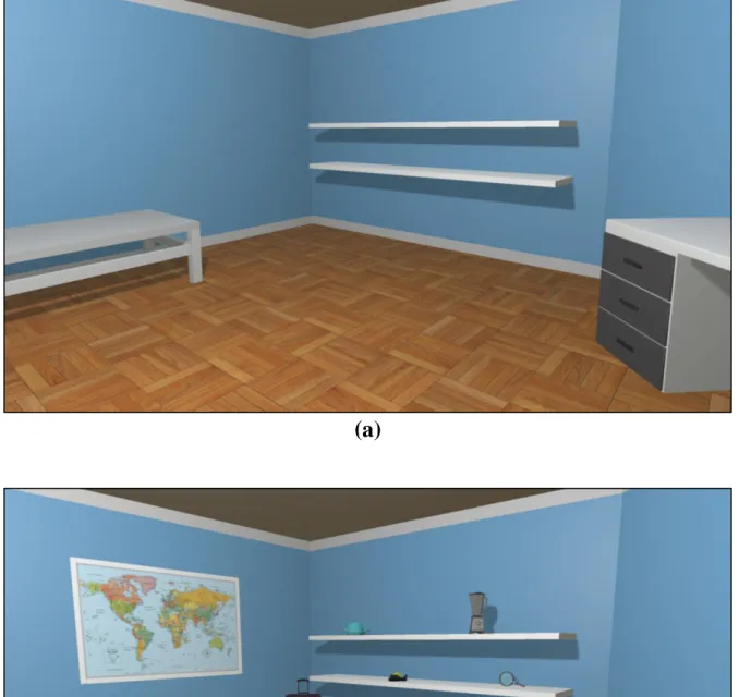 Figure 4. A sample portion of Room A, pictured both before (a) and after (b) objects have been  placed around the room