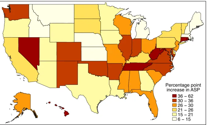Figure 4.1 Increase in Antimicrobial Stewardship Programs (ASP) meeting CDC’s 7 core  components in US hospitals by state, 2014-2016