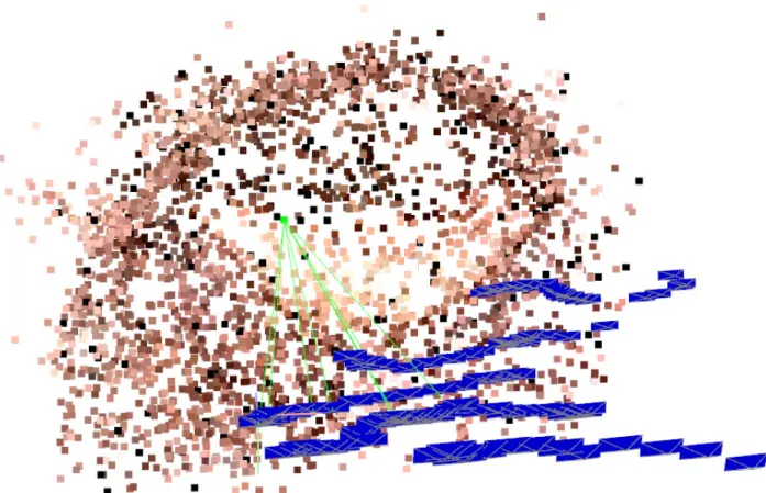 Figure 3.3: Structure-from-Motion results for endoscopic video. Individual 3D surface points (colored dots) and camera poses (blue) are jointly recovered.
