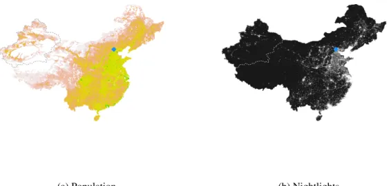 Figure 3.2: China in 2013. Panel (a) displays (log) population and Panel (b) displays nightlights