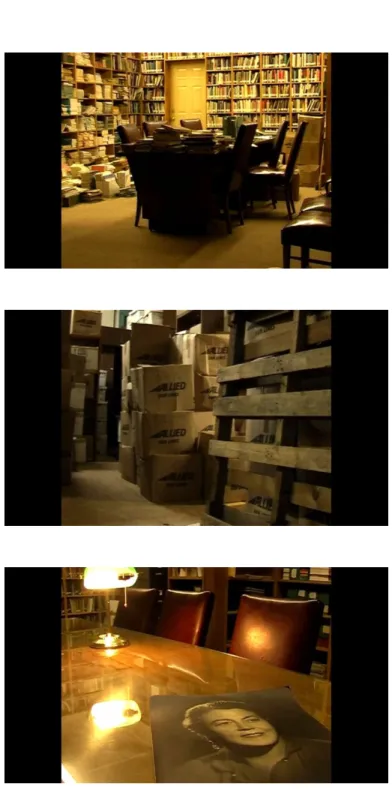Figure 6. Screen-shots from Library (2008), video, color, stereo.  Video portrait of library  space at the Parapsychology Foundation, New York