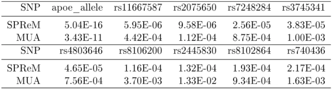 Table 3.5: Comparison between SPReM and the massive univariate analysis (MUA) for ADNI data analysis: the top 10 SNPs and their − log 10 (p) values for λ = λ max .
