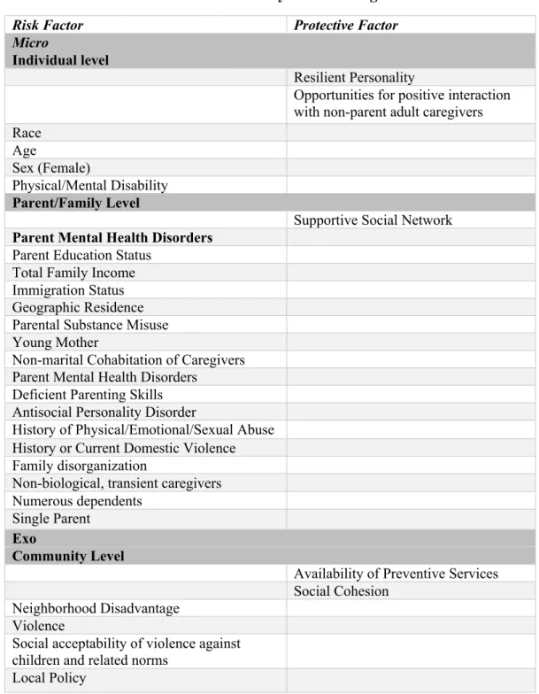 Table 2.1: Risk and Protective Factors by Socio-Ecological Level 