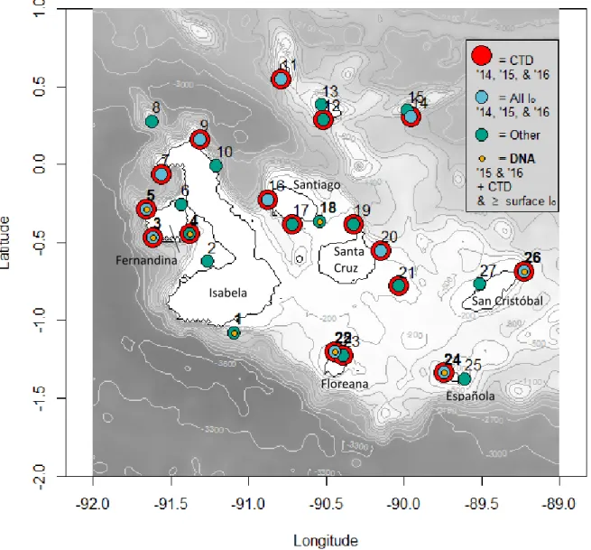 Figure 1. Map of sites sampled during 2014-2016 surveys. At minimum, if a site was sampled  on a given year, a CTD cast was taken