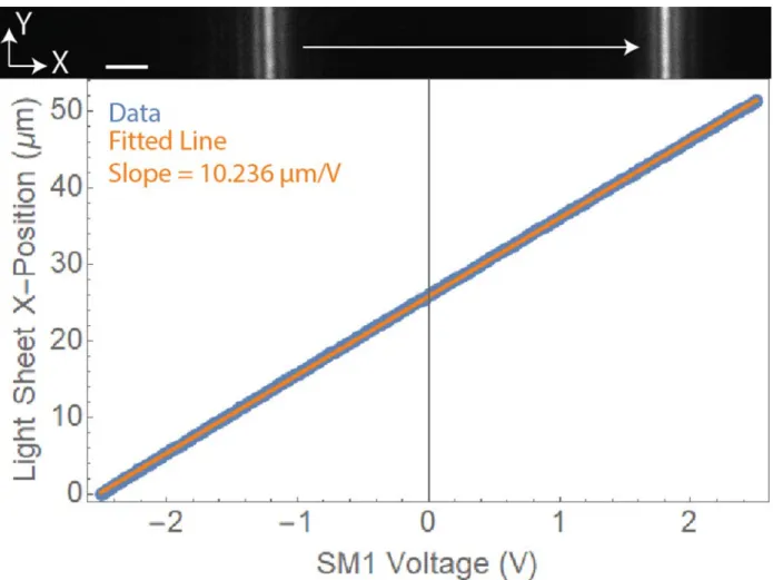 Figure 2.5.1. Calibration of SM1 for LSFM.  Calibration of SM1 showing the light sheet x-position versus voltage  applied to SM1 as well as a linear fit to this data