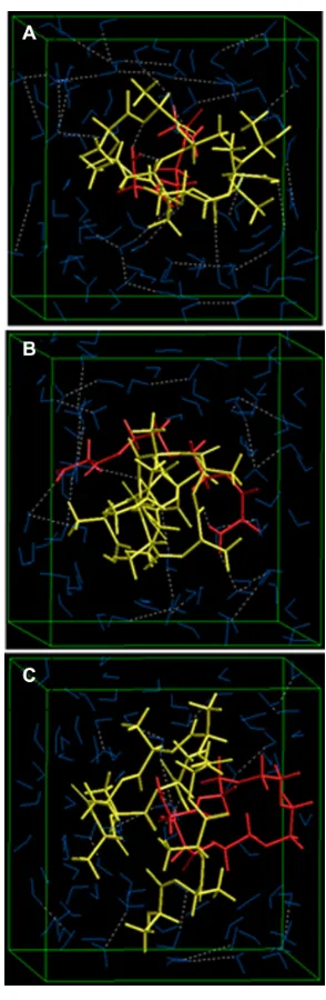 Figure 10 Visualization of geometrical preferences of (A) PLA-PEG1, (B) PLA-PEG2, and (C) PLA-PEG4 after molecular simulation in a solvated system consisting of 149 water molecules (blue molecules).Note: The PLA (yellow) and PEG (red) are rendered in tube display.Abbreviations: PEG, poly(ethylene glycol); PLA, polylactic acid.