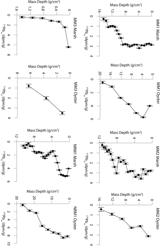 Figure 3) Profiles of  210 Pb xs  with mass depth. The concentration of  210 Pb xs  generally increases up- up-core, indicating non-erosion at each core location