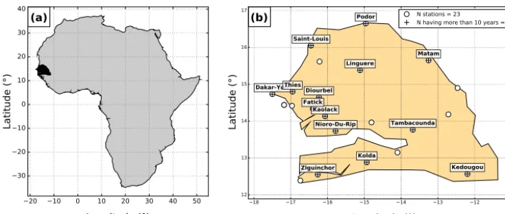 Figure 2. Rainfall regime statistics obtained from daily rain gauges over the 1950–2015 period: (a) mean seasonal cycle at four stations,(b) start of the rainy season, (c) end of the rainy season, (d) mean annual rainfall, (e) mean intensity of wet days, and (f) mean number of wetdays.