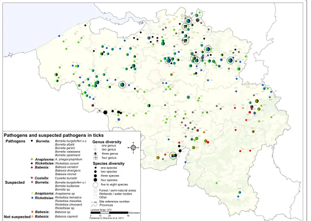 Figure 2 Map of the micro-organisms, suspected pathogens and pathogens found in ticks of Belgium
