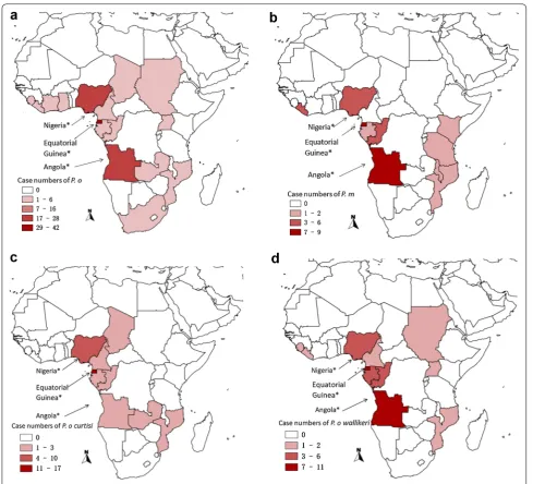 Fig. 3 Geographic distribution of Plasmodium ovale, Plasmodium malariae and sub-species of Plasmodium ovale curtisi and Plasmodium ovale wal-likeri cases originating from sub-Saharan Africa, respectively