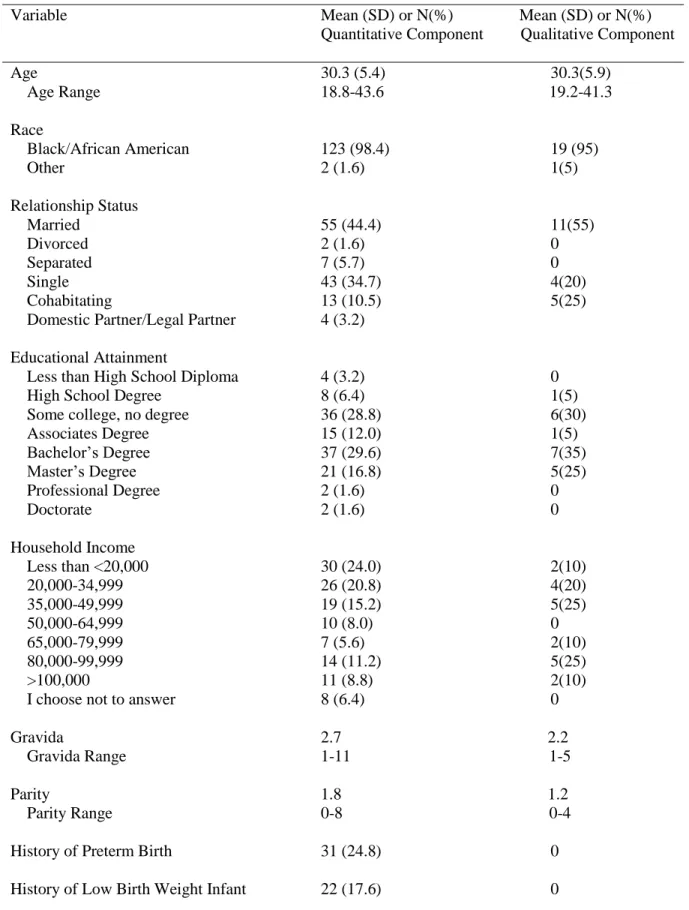 Table 3.3. Demographic Characteristics of Study Participants Quantitative (N=125); Qualitative  (N=20) 