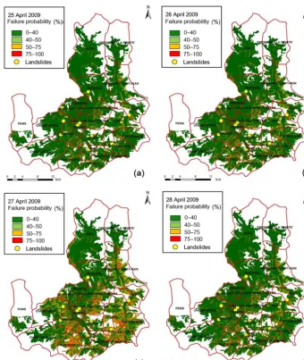 Figure 10. Correlation graphs between the daily cumulative rainfall and the median of the landslide occurrence probability for both events.