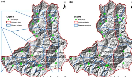 Figure 3. Comparison of Thiessen polygons methodology; (a) simple and (b) modiﬁed according to the catchment basins boundaries.