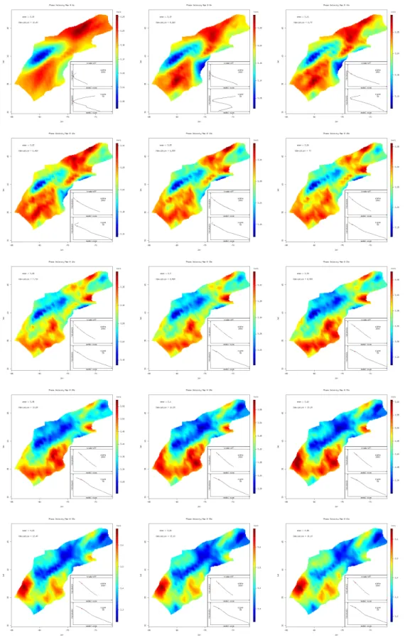 Figure 2.5: Phase velocity inversions in 15 frequencies. The two boxes on the bottom-right shows the trade-off curve of different parameters