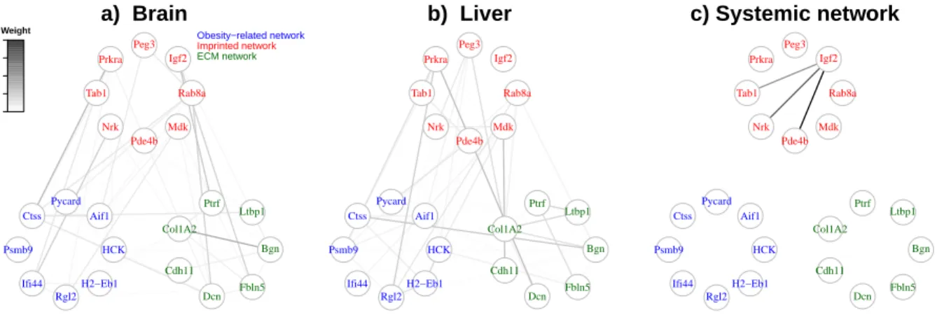 Figure 2.5: Topology of gene co-expression networks inferred by the EM-method for the data from a population of reciprocal F 1 mice