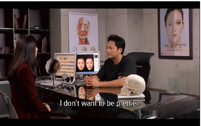 Figure 3.1 Time (2006). An example of the cosmetic gaze in Time. The “before” and “after” poster on the wall  behind the surgeon is seen multiple times in the mise-en-scène throughout the film, such as on the door of the  aesthetic clinic, on the streets o
