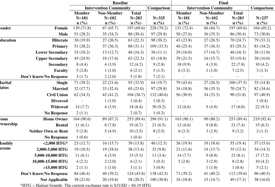 Table 7: Baseline and final study demographics by respondent type and intervention status – categorical variables 