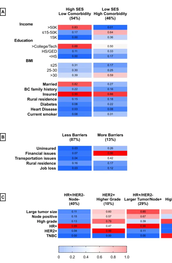 Figure 4.2. Probabilities of responses to items for A) two-class model measuring SES, B) two- two-class model measuring access to medical care C) four-two-class model measuring tumor 