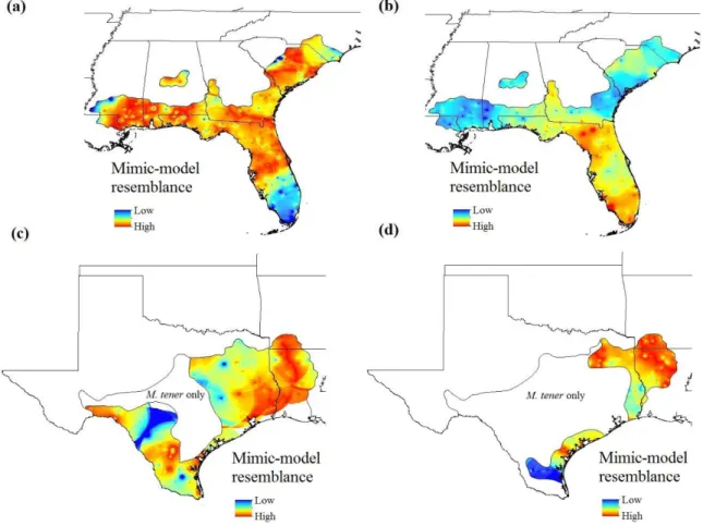Figure 2.8. Geographic variation in the resemblance of coral snake mimics (a, L. elapsoides; b,  Eastern C