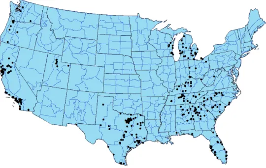 Figure 3. Locations for the 315 utilities used in this study (divisions indicate NOAA climate  division boundaries) 