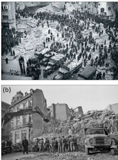 Figure 2. (a) The collapse of the Carlton block in Bucharest in 1940. Source: https://upload.wikimedia.org/wikipedia/commons/6/60/Iosif_Berman_-_Marele_cutremur_din_anul_1940.jpg (last access: 3 June 2017)