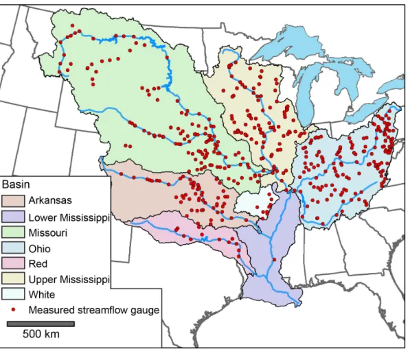 Figure 1: Major sub-basins of the Mississippi and USGS gauging stations used for width validation
