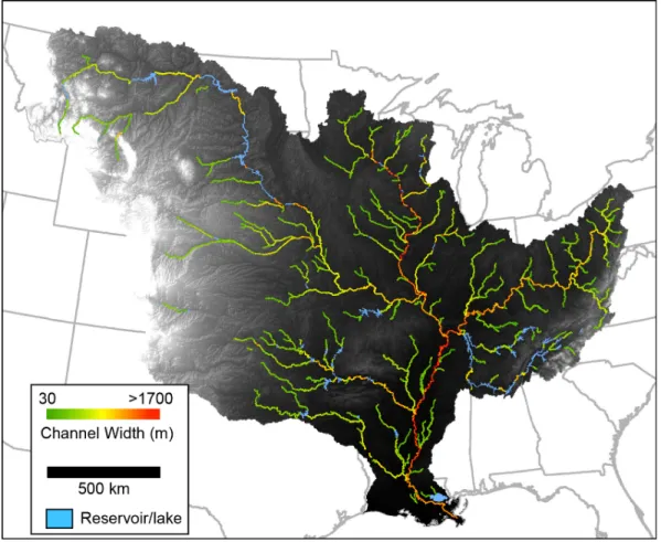Figure 5: Mississippi River width map (shown with USGS HydroSHEDS DEM) of ~1.2 x 10 6  observations at 30 m  resolution based on the NLCD open water classification